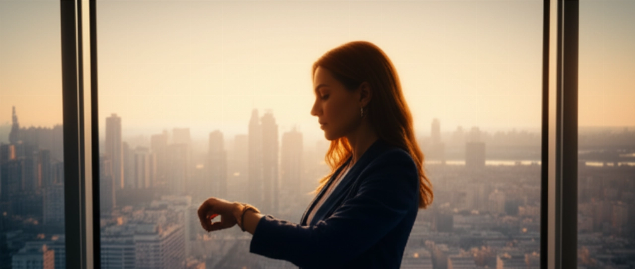 Donna caucasica elegante che guarda il suo orologio al polso, in una scena urbana al tramonto, con luce naturale soffusa.
