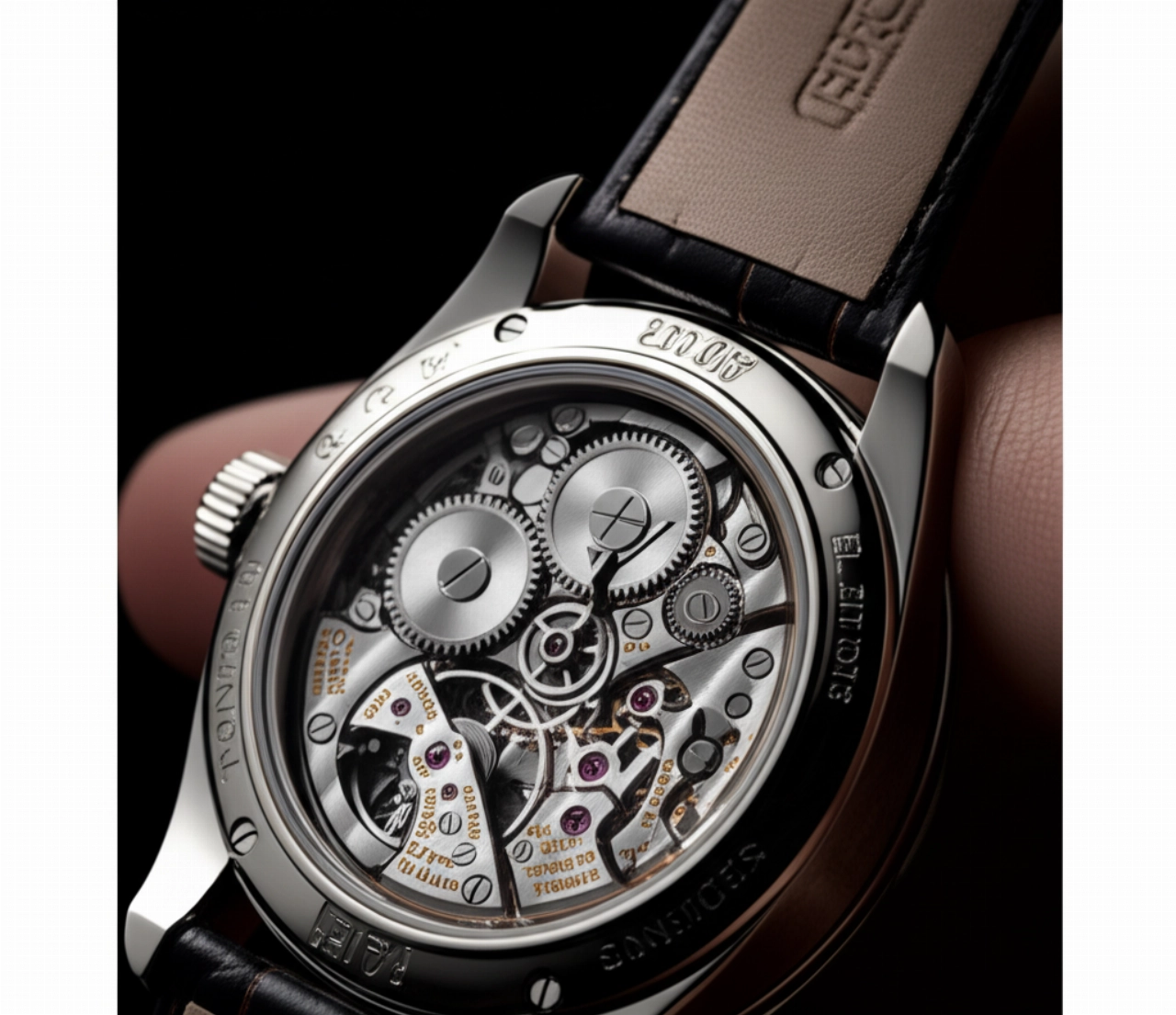 Macro iperrealistica di un movimento meccanico di orologio, con ingranaggi visibili, tenuto da una mano caucasica, su sfondo scuro.