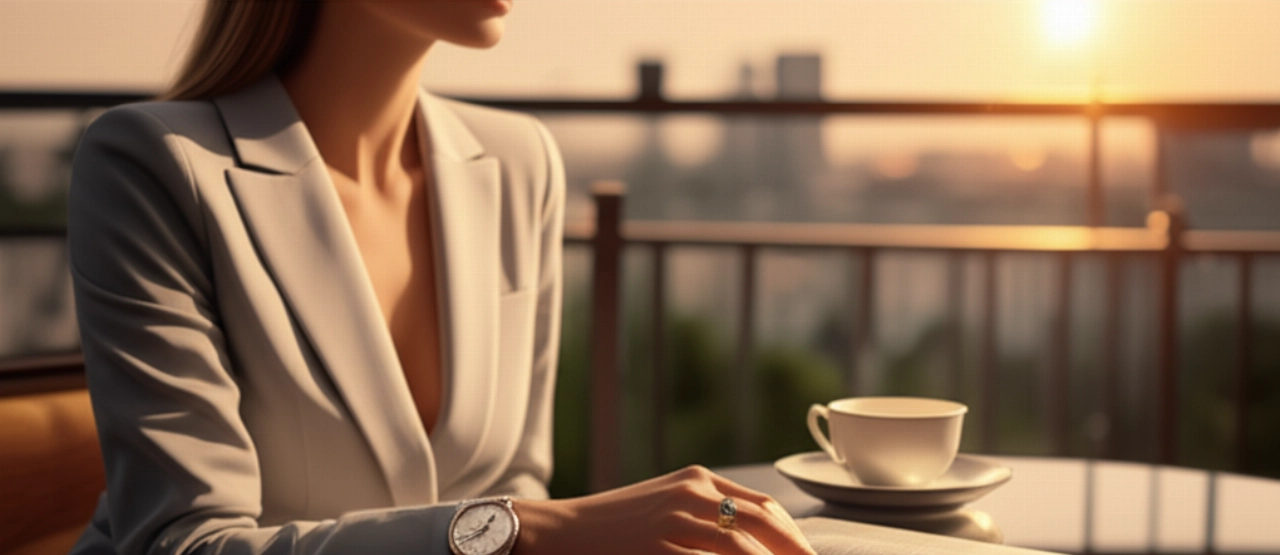Scena di vita iperrealistica con una donna caucasica elegantemente vestita che indossa un orologio di lusso, seduta su un balcone con vista sulla città al tramonto.
