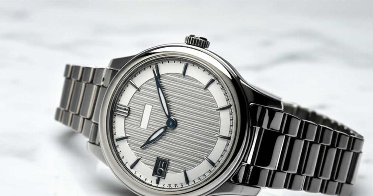 Immagine di prodotto iperrealistica di un orologio di lusso con cassa in acciaio inossidabile e quadrante minimalista, posato su una superficie di marmo bianco, che mette in risalto la sua raffinata lavorazione.