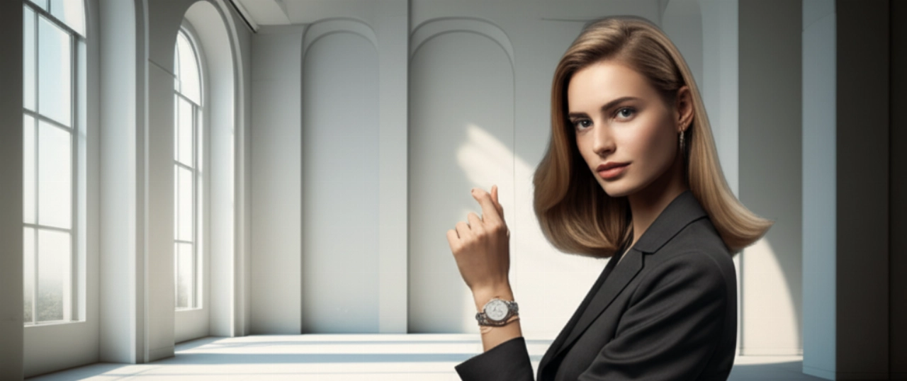 Donna caucasica elegante in un ambiente architettonico minimalista, che mostra un orologio di lusso al polso.