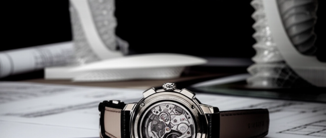 Natura morta iperrealistica con un orologio di lusso su marmo e sfondi di progetti architettonici.