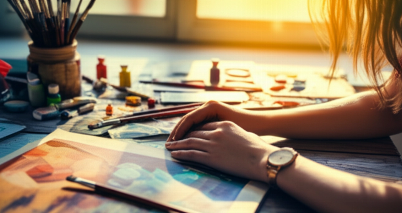 Mani di un'artista caucasica con un orologio elegante su una scrivania piena di materiali d'arte e una tela a metà.