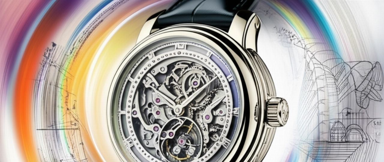 Orologio di lusso con ingranaggi che si fondono con pennellate artistiche e schemi architettonici, simboleggiando tempo e arte.