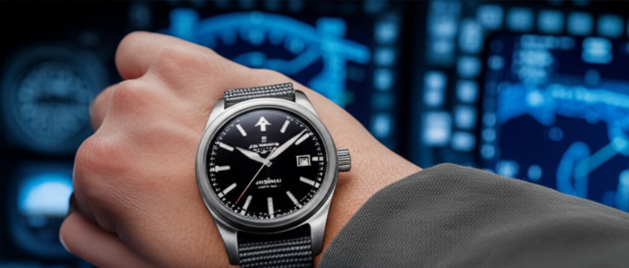 Primo piano iperrealistico di un orologio da pilota moderno al polso di un uomo caucasico, con lo sfondo sfocato di un cockpit di jet.