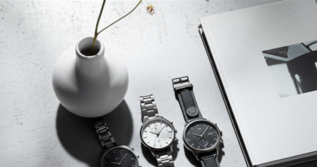 Composizione iperrealistica di tre orologi dal design scandinavo diversi, disposti su una superficie di cemento grigio chiaro, accanto a un vaso di ceramica bianco opaco e un libro, sotto una luce naturale diffusa.