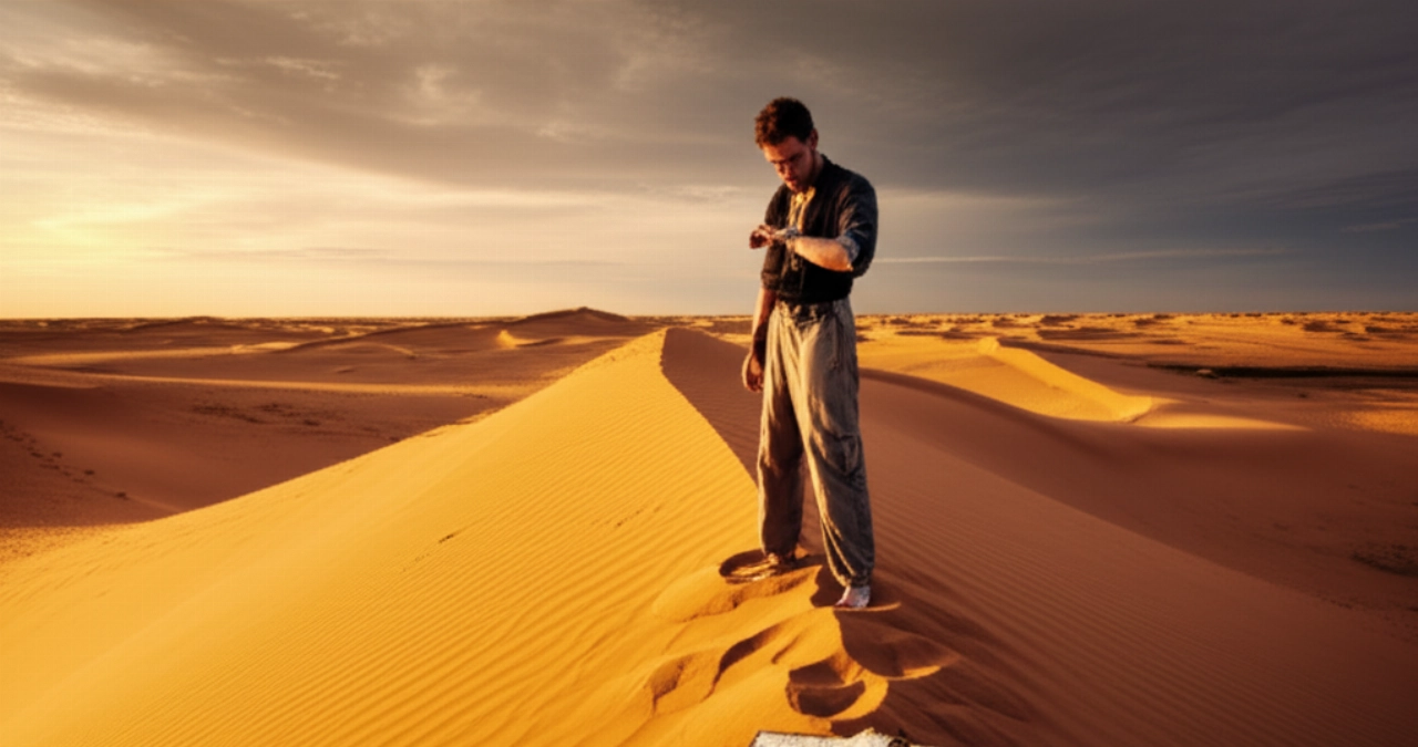 Ampia inquadratura iperrealistica di un avventuriero caucasico solitario in piedi su una duna di sabbia nel deserto al tramonto, che controlla un orologio da campo vintage al polso, con una bussola e una mappa accanto a sé.