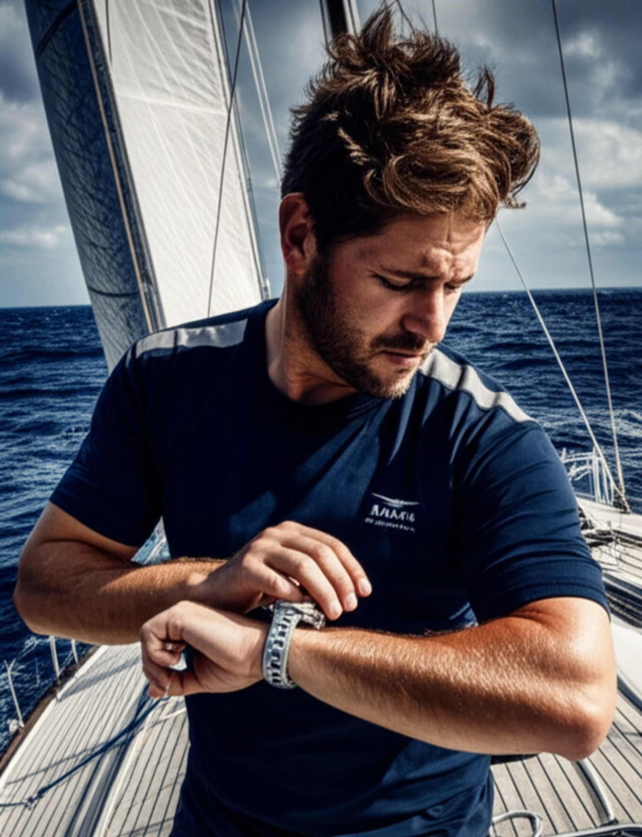 Ritratto iperrealistico di un marinaio caucasico che controlla il suo orologio ad alte prestazioni sul ponte di una barca a vela da regata, con vele gonfie e l'oceano sullo sfondo.