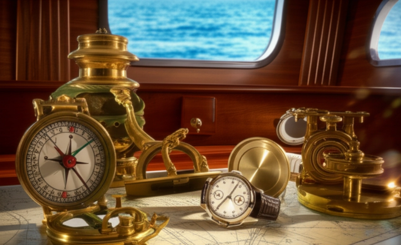 Natura morta fotorealistica di un orologio nautico su una carta marina vintage, affiancato da strumenti di navigazione e con una vista sull'oceano da un oblò di una cabina di yacht.