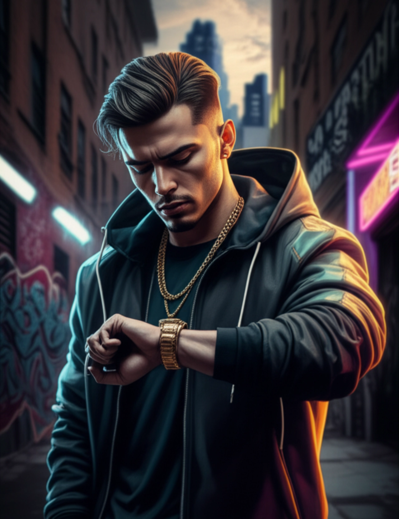 Ritratto iperrealistico di un artista hip hop caucasico che controlla l'ora su un orologio di lusso, in un vicolo urbano con graffiti colorati.