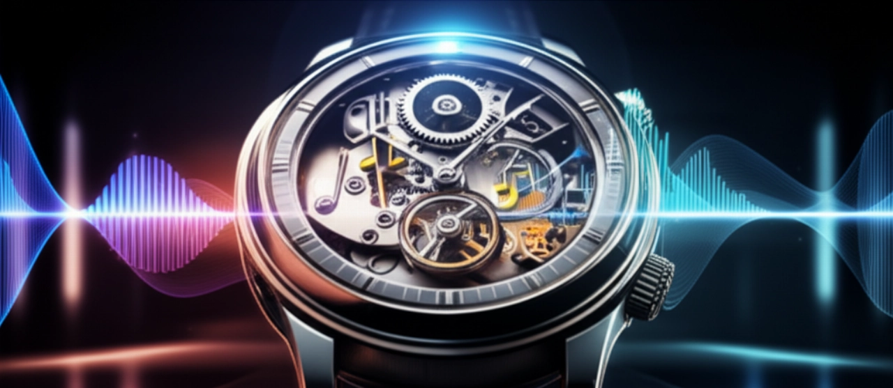 Fusione iperrealistica e surreale di un meccanismo di orologio di lusso con onde sonore vibranti e proiezioni olografiche di note musicali.