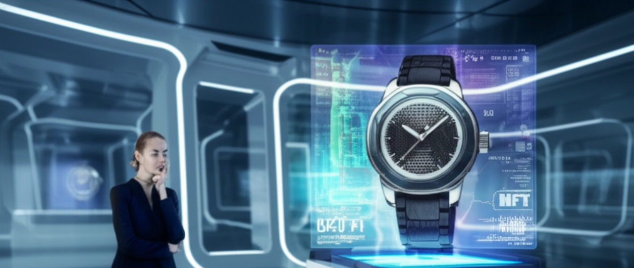 Orologio di lusso esposto in una galleria futuristica con una proiezione olografica del suo NFT, osservato da una donna caucasica.