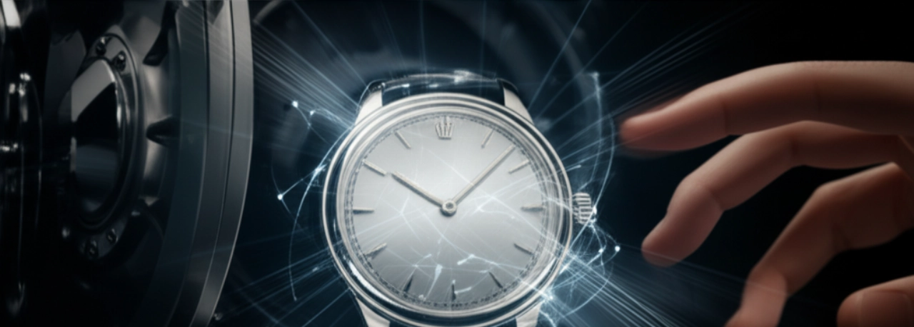 Orologio di lusso classico in un ambiente futuristico e sicuro, avvolto da fasci di luce digitale che simboleggiano la sua proprietà NFT, con una mano caucasica che lo sfiora.