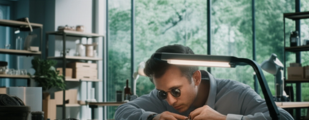 Scena iperrealistica di un artigiano caucasico in uno studio di design di orologi eco-compatibile, che ispeziona un movimento con luce naturale e materiali sostenibili nell'arredamento.