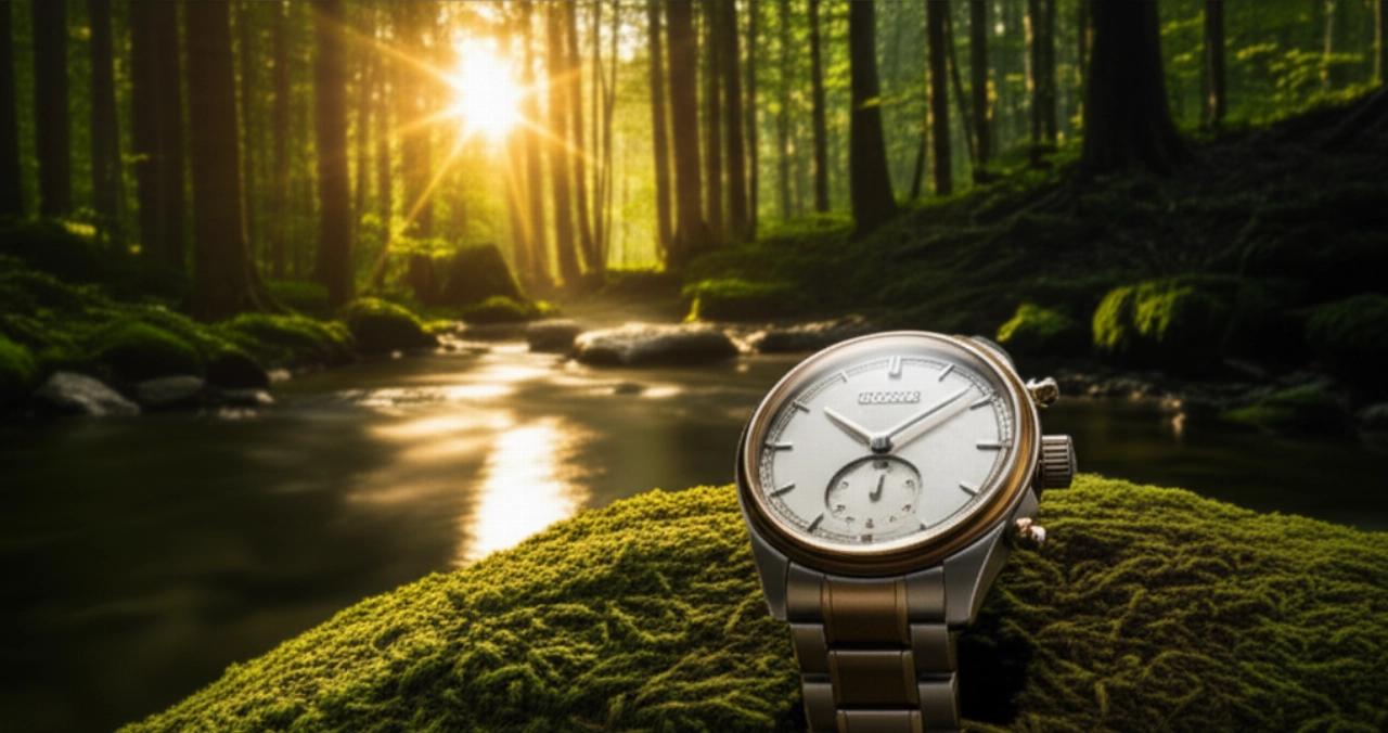 Orologio sofisticato appoggiato su una pietra muschiosa accanto a un ruscello di montagna cristallino, immerso in una foresta antica con raggi di sole che filtrano, evocando sostenibilità e natura.