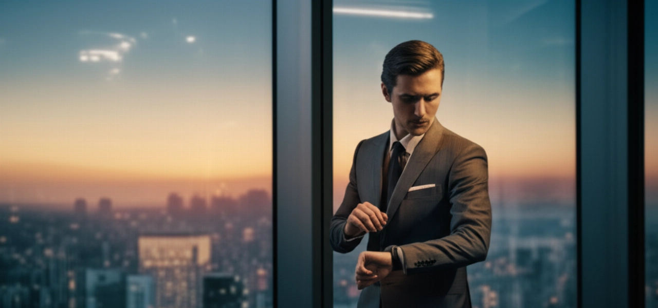 Uomo caucasico elegante che controlla discretamente il suo orologio giapponese di lusso in un ambiente di alta classe con vista panoramica sulla città al tramonto.