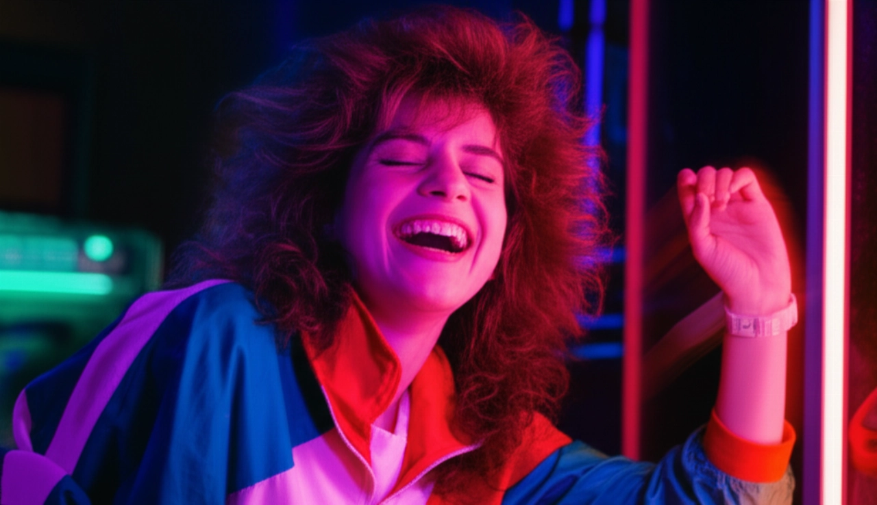 Una giovane donna caucasica in tuta sportiva anni '80, con un orologio digitale al polso, sorride in una sala giochi al neon.