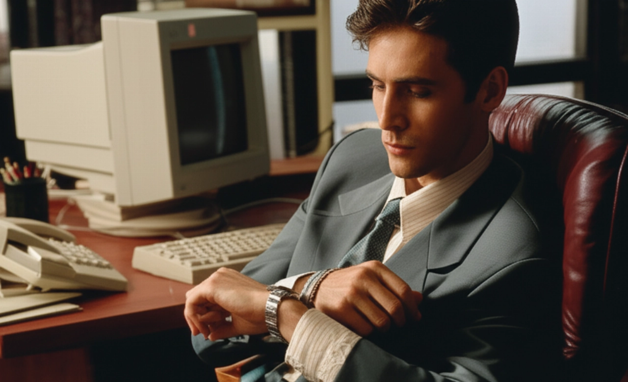 Uomo caucasico elegante in un ufficio anni '90, che guarda un orologio di lusso iconico degli anni '90 al polso.