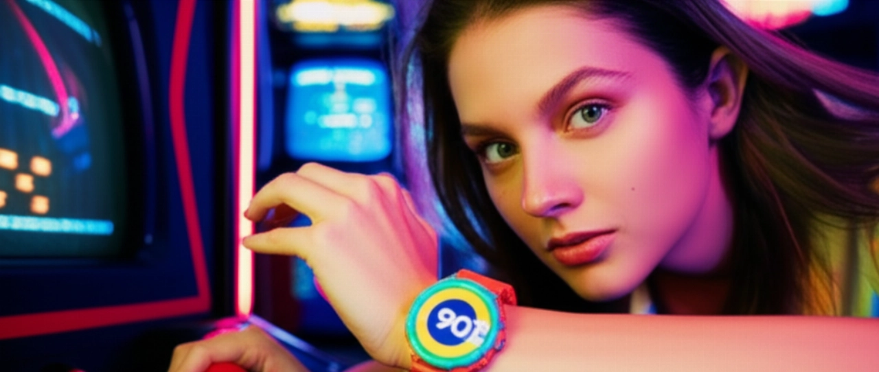 Giovane donna caucasica in un arcade anni '90, con un orologio sportivo colorato iconico degli anni '90 al polso.