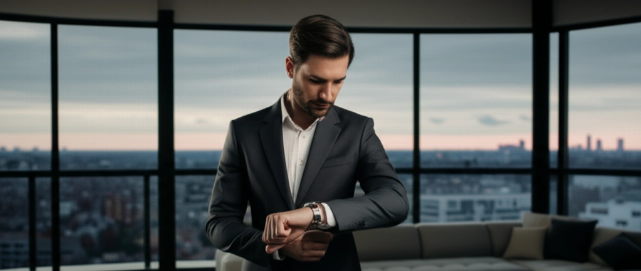 Uomo caucasico elegante con un orologio di lusso in edizione limitata al polso, in piedi in un attico moderno con vista sulla città al tramonto.