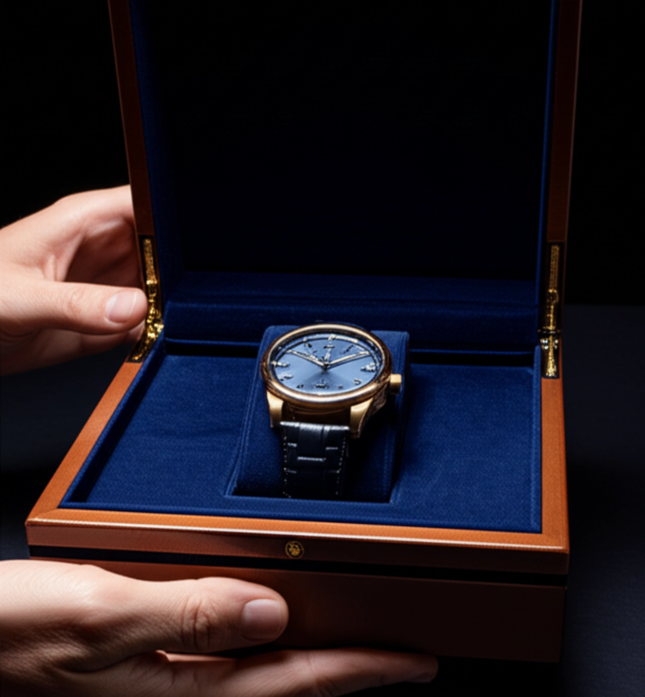 Mani caucasiche che aprono con cura una scatola di presentazione di lusso, rivelando un orologio in edizione limitata che brilla sotto la luce dello studio.