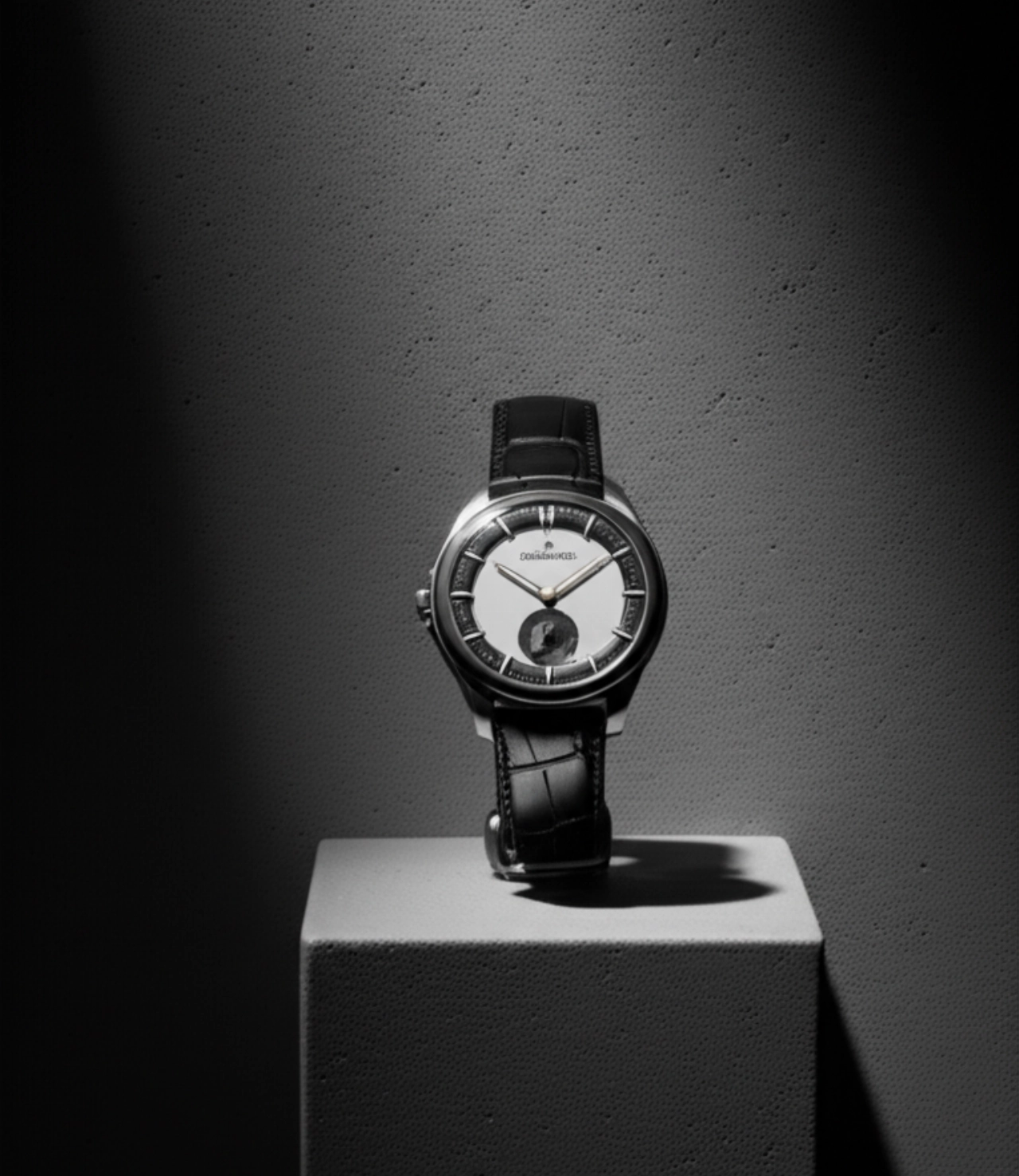 Un orologio indipendente unico, esposto artisticamente su un piedistallo di cemento con illuminazione drammatica, che ne sottolinea l'esclusività e il potenziale di investimento.