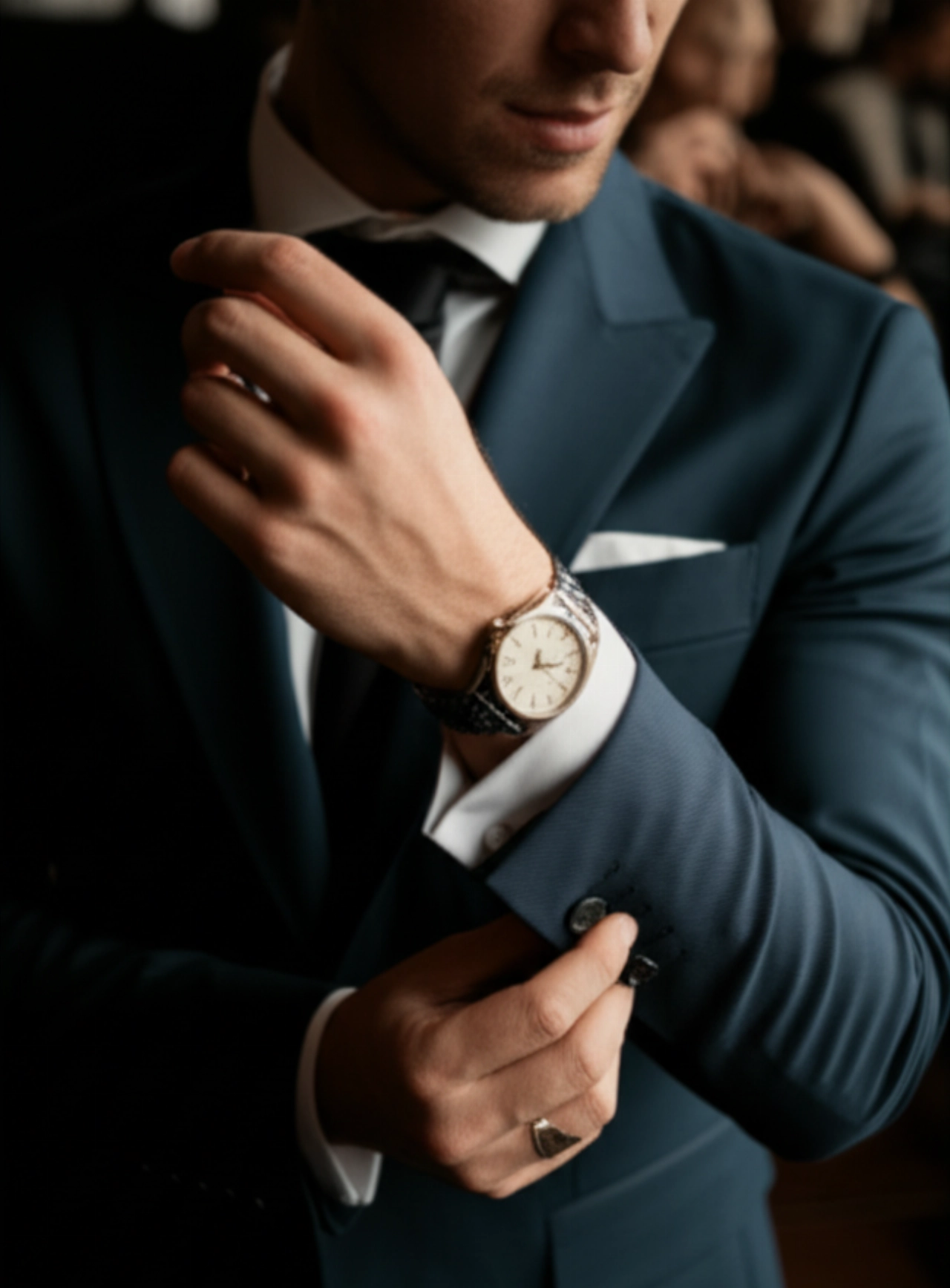 Uomo caucasico elegante che mostra discretamente un orologio classico al polso in un ambiente raffinato e lussuoso, con luci soffuse.