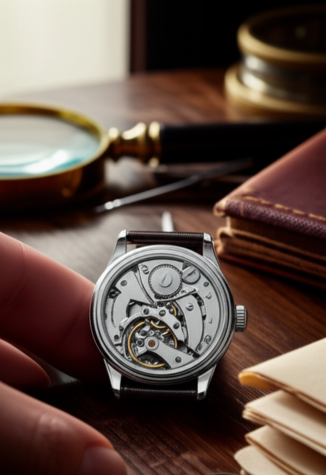 Orologio meccanico di alta precisione su una superficie di legno, con strumenti d'epoca e mani caucasiche, che evocano artigianato e tradizione.