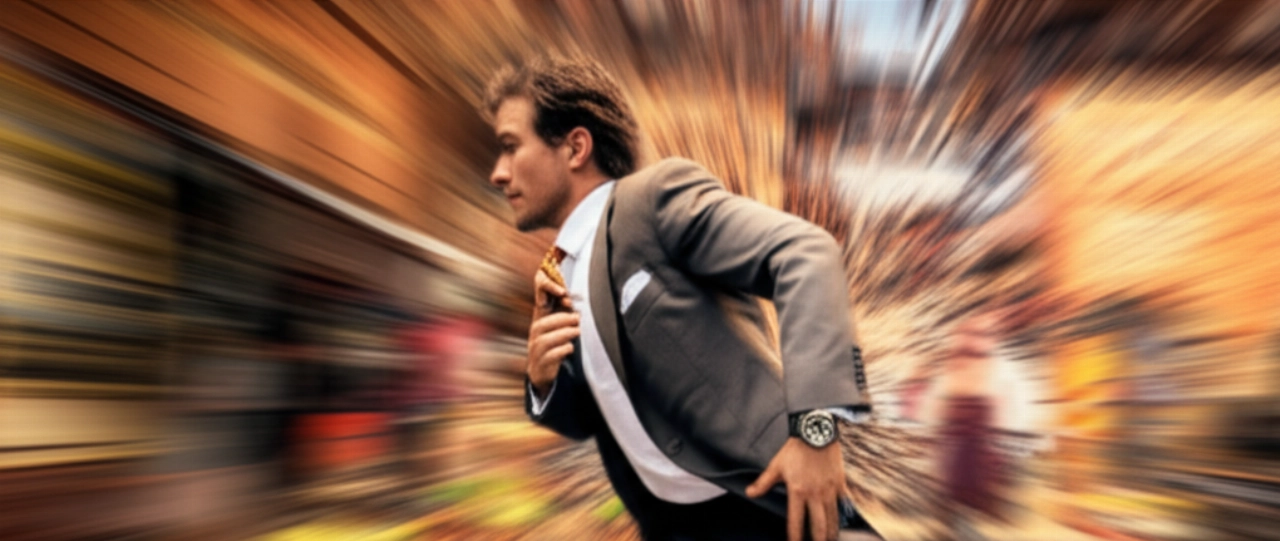 Scena d'azione iperrealistica di un uomo caucasico in corsa, con un orologio di precisione in evidenza al polso, in un vivace mercato esotico.