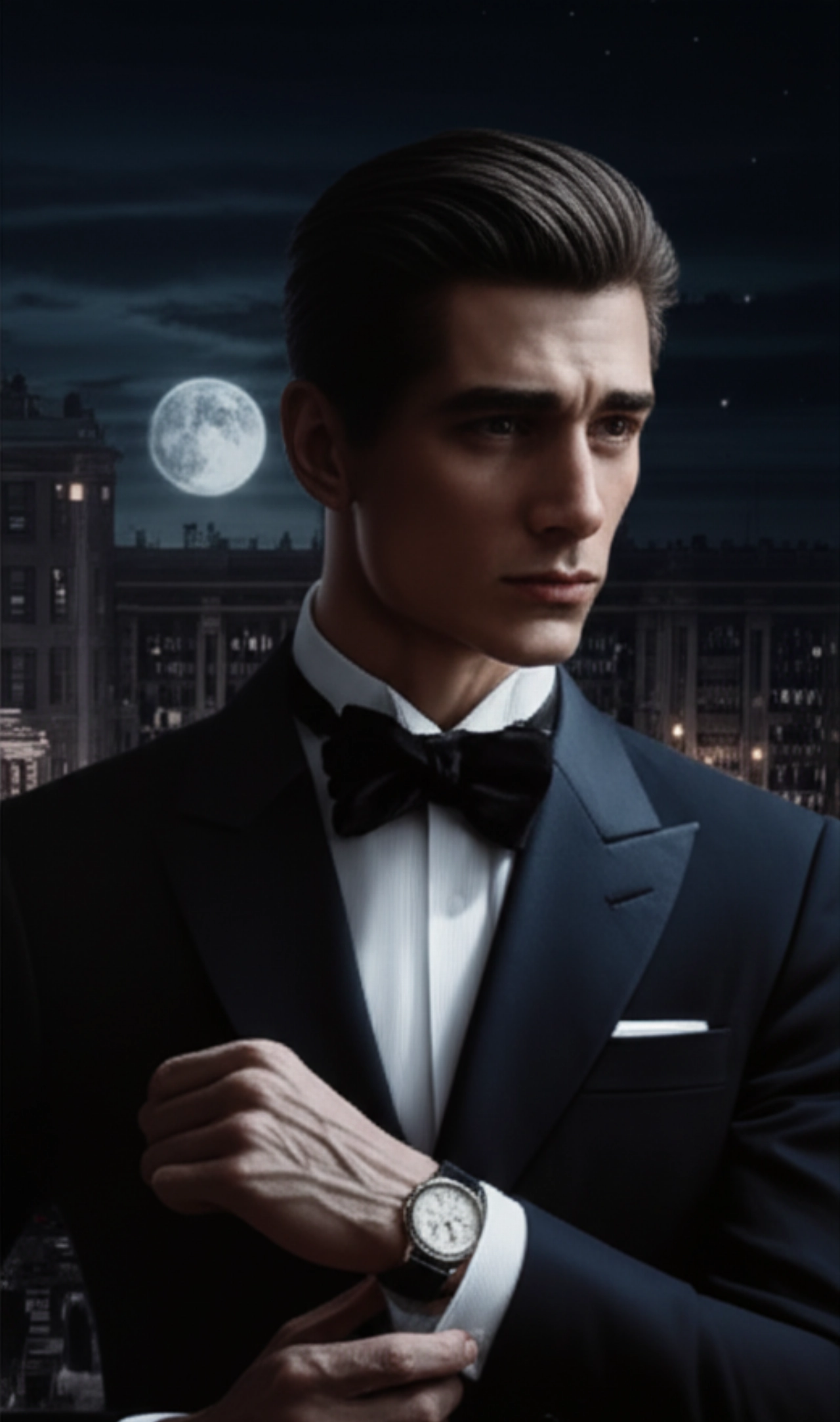 Ritratto iperrealistico di un uomo caucasico che aggiusta un elegante orologio al polso, su un balcone con vista su una città illuminata dalla luna.
