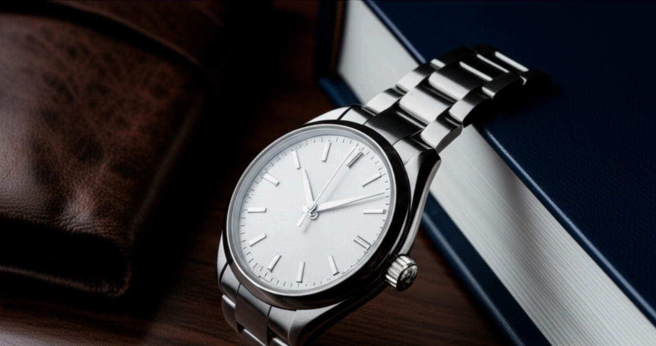 Scatto in studio iperrealistico di un orologio di lusso entry-level, che ne evidenzia i dettagli e i materiali su una superficie elegante.
