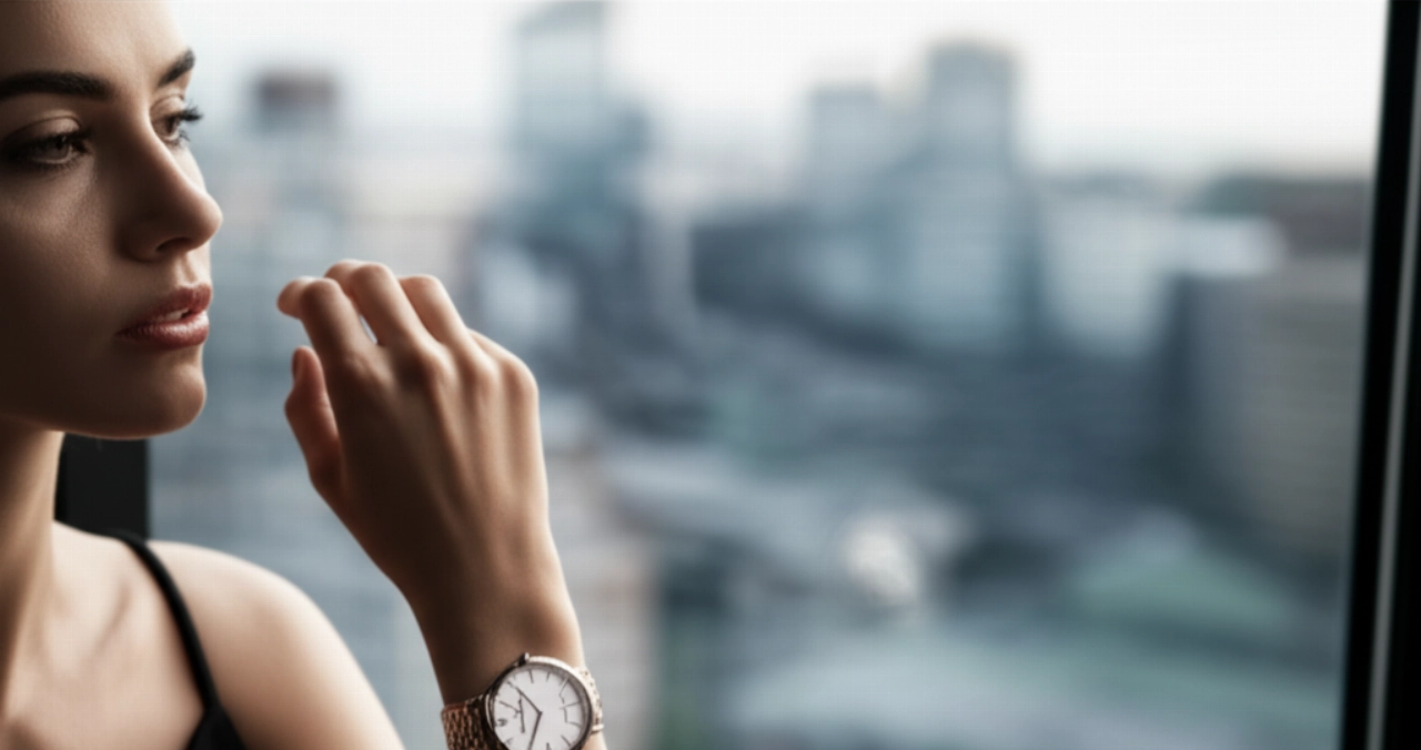 Immagine iperrealistica di un orologio di lusso entry-level al polso di una donna caucasica, in un contesto urbano elegante e rilassato.
