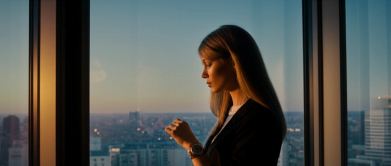 Immagine iperrealistica di una donna caucasica in un attico moderno, con un orologio di lusso al polso e uno skyline urbano al tramonto.