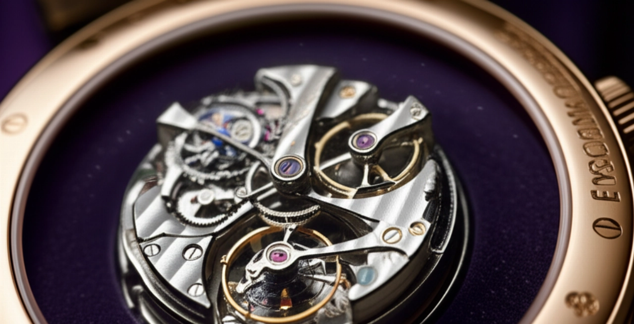 Macro fotografia iperrealistica di un movimento di orologio tourbillon, che mostra ingranaggi e dettagli intricati sotto una luce da museo.