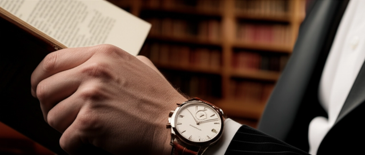 Immagine iperrealistica di un polso maschile caucasico con un elegante orologio tedesco, in una lussuosa biblioteca, simbolo di raffinatezza e stile.