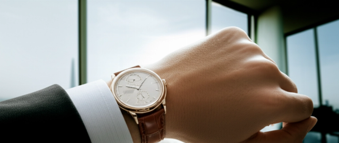 Polso di un uomo caucasico elegante con un orologio di lusso con cinturino in pelle, in un ufficio moderno e soleggiato con vista sulla città.