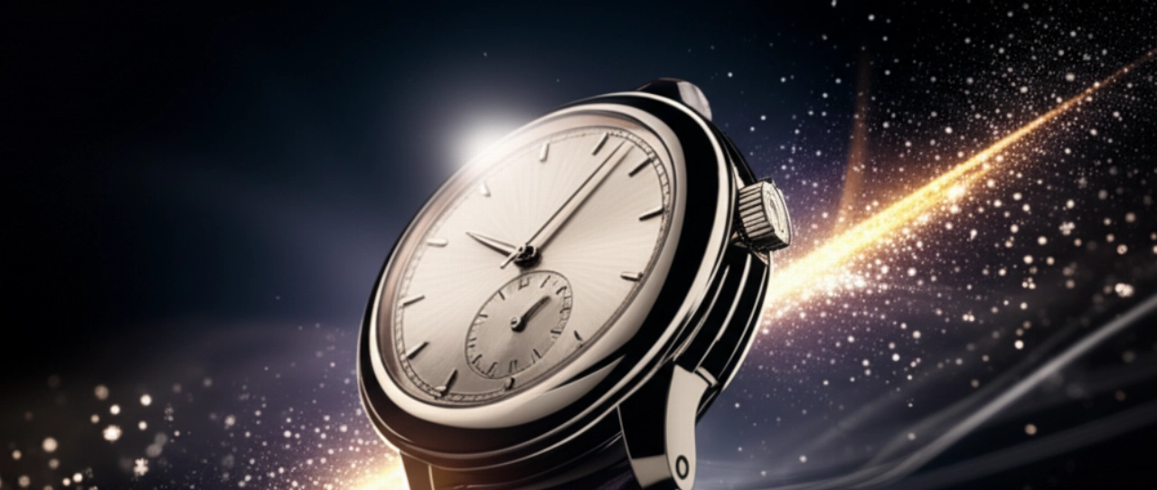 Immagine artistica e iperrealistica di un orologio di lusso che fluttua in un ambiente a gravità zero, circondato da particelle di luce e scie temporali, con illuminazione drammatica.
