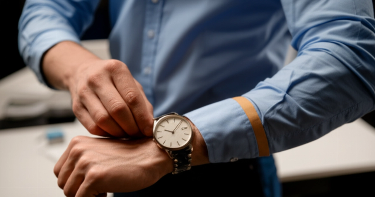 Uomo caucasico mancino in un ufficio moderno, che regola con facilità un orologio sul polso destro, pensato per mancini.