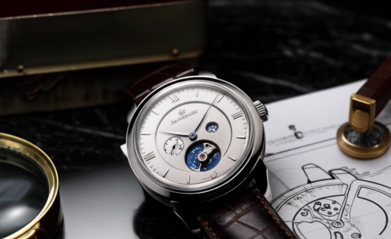 Scatto iperrealistico in studio di un orologio Saltarelli su una superficie di marmo lucido, con una lente d'ingrandimento vintage e un progetto di orologeria in sottofondo, che enfatizza l'artigianato e la precisione.