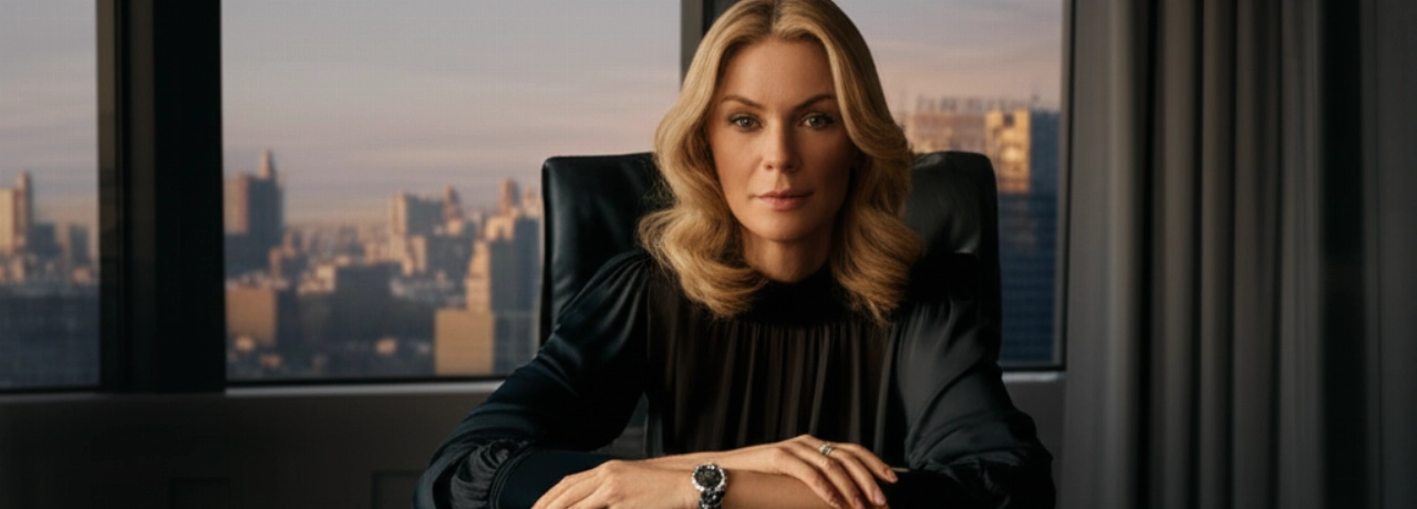 Scena cinematica iperrealistica di una donna caucasica elegante seduta a una scrivania in un ufficio di lusso, con un orologio Saltarelli ben visibile al polso e uno sfondo sfocato di uno skyline urbano al tramonto.