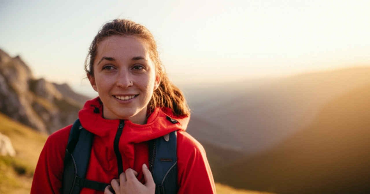 Una donna caucasica sorridente con un orologio al polso, mentre ammira un paesaggio montano mozzafiato all'alba, evocando avventura e libertà.