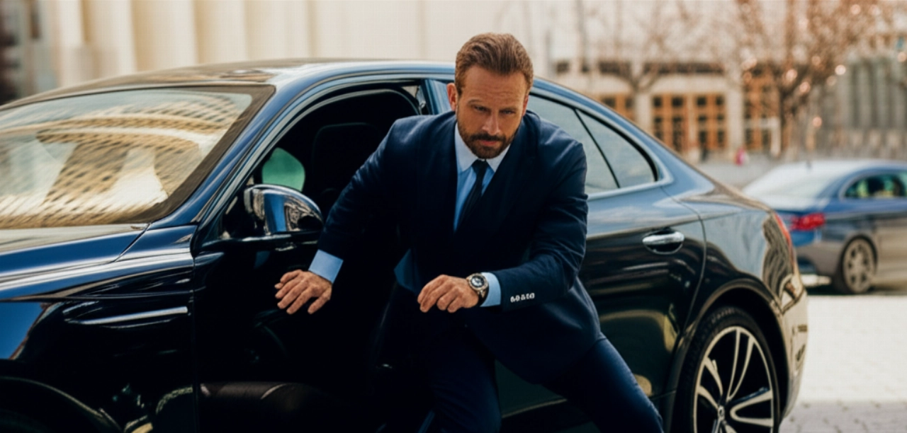 Scena iperrealistica di un individuo caucasico che vive uno stile di vita dinamico e di lusso, con in evidenza un orologio unisex premium.