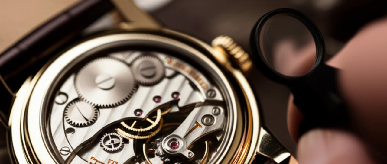 Dettaglio iperrealistico di un movimento di orologio automatico con ingranaggi a vista, che mostra la complessa meccanica e l'artigianato tradizionale, con una mano caucasica sfocata sullo sfondo.
