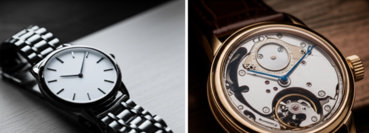 Immagine iperrealistica che contrappone un orologio al quarzo moderno su una scrivania minimalista a un orologio automatico classico su una superficie in legno vintage, evidenziando le loro differenze di stile.