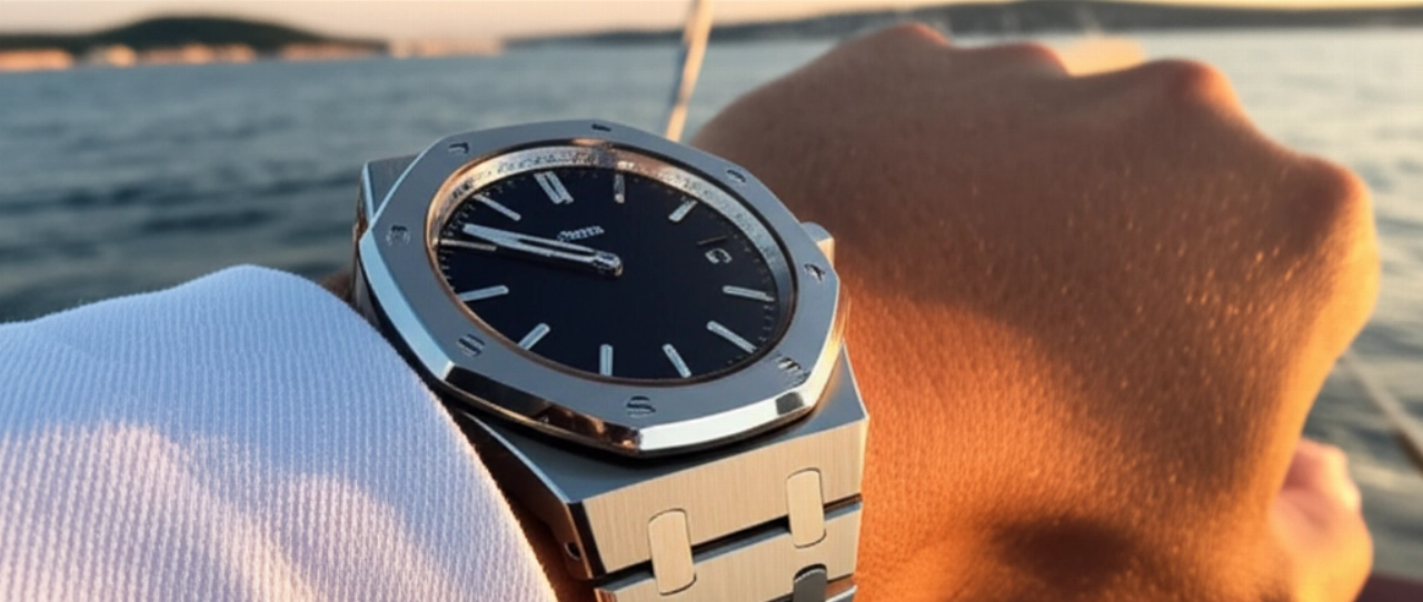 Un primo piano del polso di un uomo caucasico che indossa un Patek Philippe Nautilus su uno yacht al tramonto, con il mare sullo sfondo.