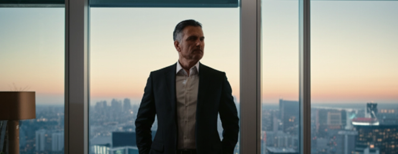 Uomo caucasico elegante in un attico di lusso, osserva pensieroso il panorama cittadino al tramonto.