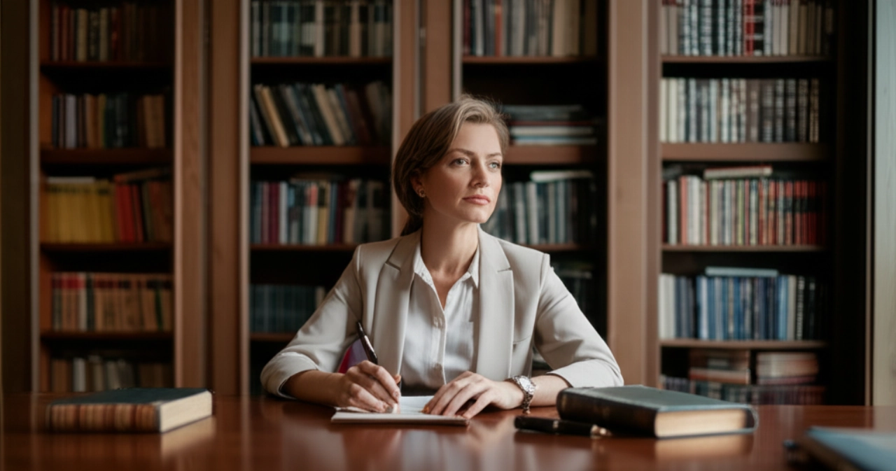 Donna caucasica elegante e sicura di sé, seduta alla scrivania in una lussuosa biblioteca domestica.