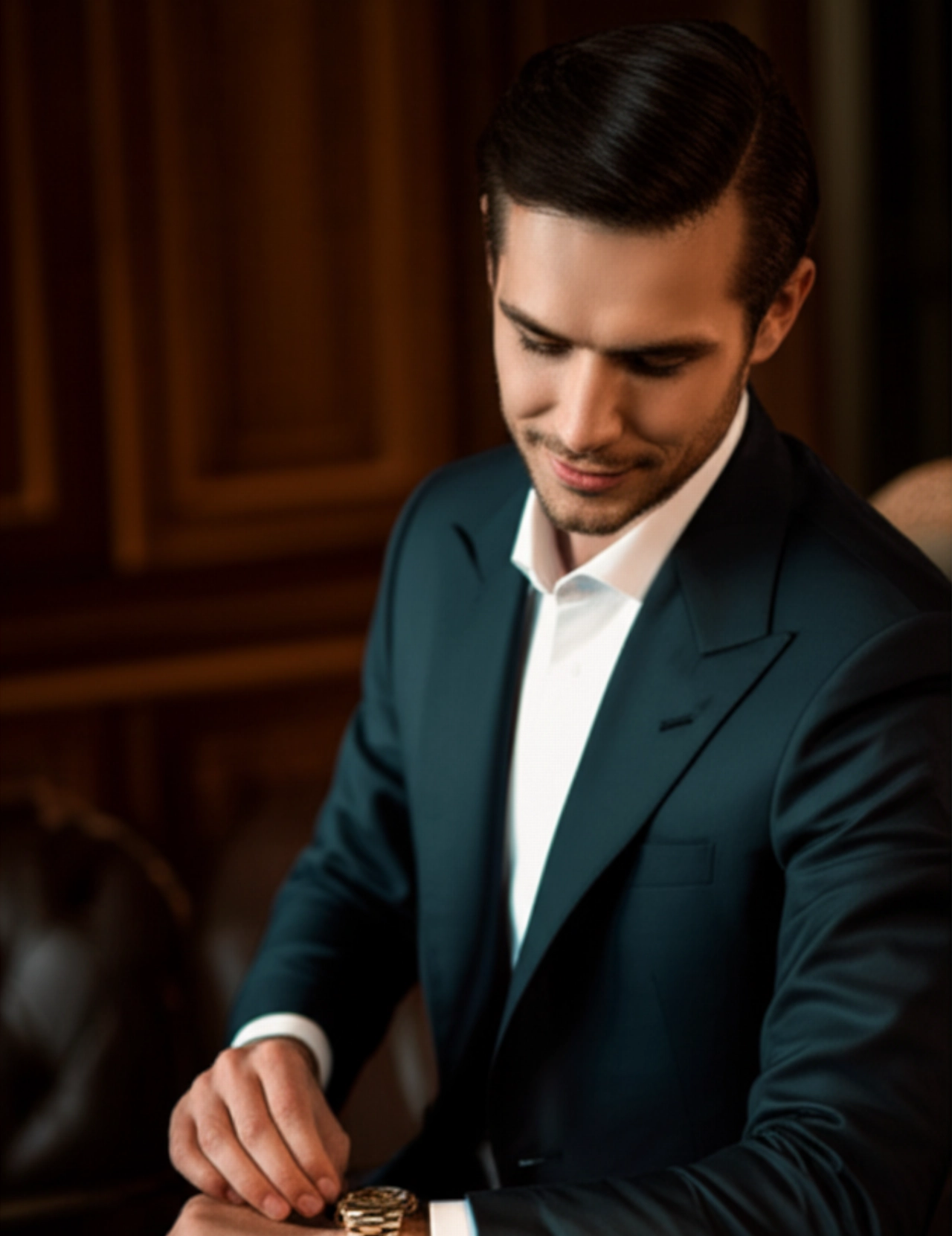 Ritratto iperrealistico di un individuo caucasico elegante che ammira un orologio di lusso al polso in un ambiente raffinato, simboleggiando status e valore.