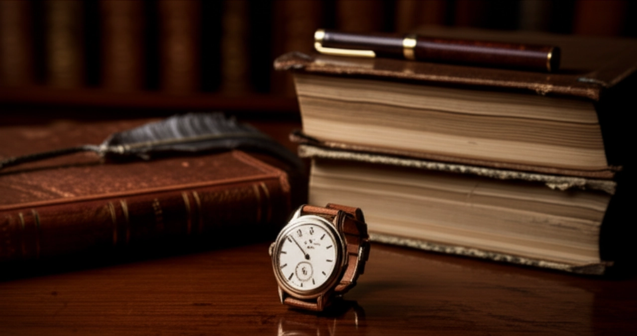 Composizione iperrealistica di un orologio classico su una superficie di legno scuro, affiancato da libri antichi, che evoca la storia, la tradizione e il valore intramontabile.
