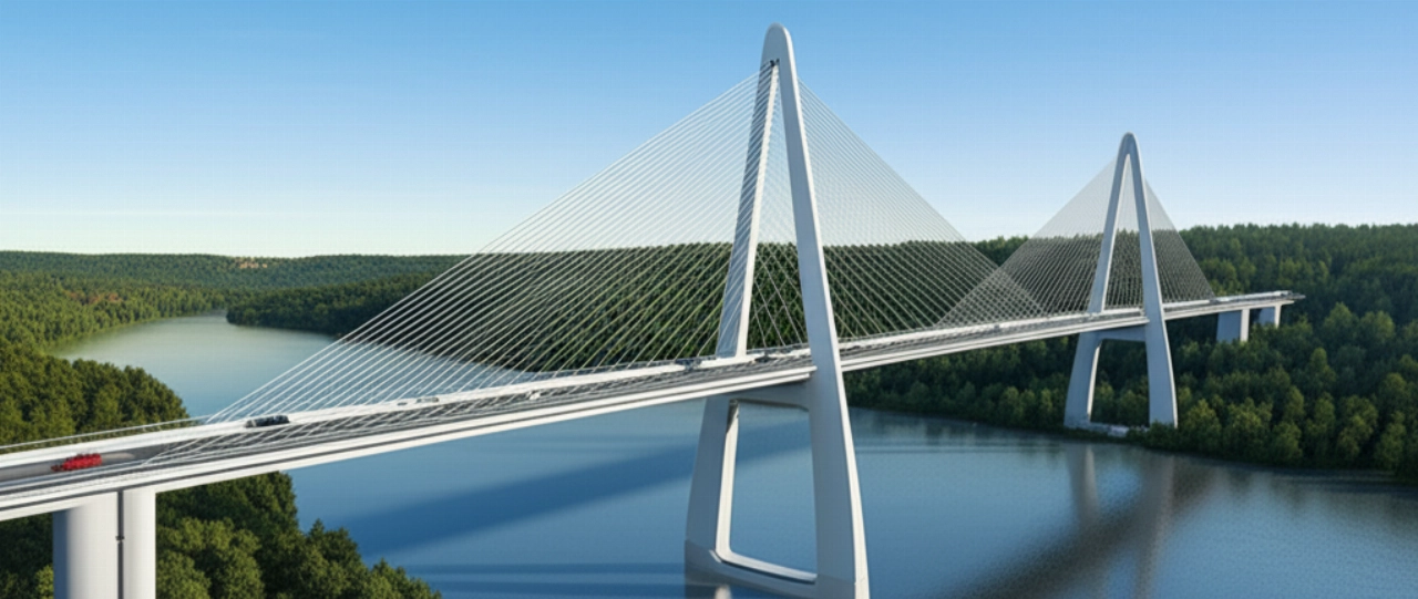 Veduta aerea iperrealistica e mozzafiato del Ponte Del Bilanciere, un capolavoro architettonico moderno, che attraversa una vasta valle fluviale sotto un cielo azzurro. Il ponte è integrato nel paesaggio naturale, con alcuni veicoli che lo attraversano.